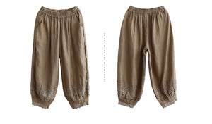 Quần baggy linen lưng thun ống túm thêm hoa lá - NU6990