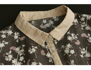 Áo sơ mi linen ngắn tay cổ pipi in hoa lá một túi nhỏ - NU7545