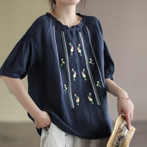 Áo sơ mi linen ngắn tay cổ tròn thêu hoa đối xứng - NU8211