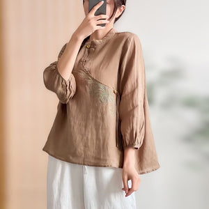 Áo sơ mi linen tay lửng cổ tàu vạt chéo thêu hoa văn - NU8280