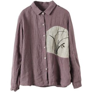 Áo sơ mi linen dài tay cổ đức thêu hoa lan  - NU6724