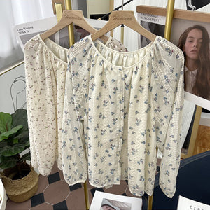 Áo sơ mi linen dài tay cổ tròn in hoa lá thêu ren hai lớp - NU8615
