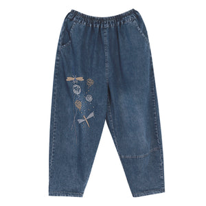 Quần baggy denim thêu chuồn chuồn và hoa bồ công anh - NU7602