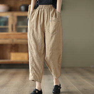 Quần baggy linen lưng thun ba túi thêu hoa lá - NU6815