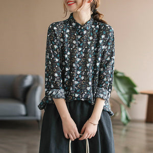 Áo sơ mi linen dài tay cổ pipi xếp ly in hoa nhí - NU6693