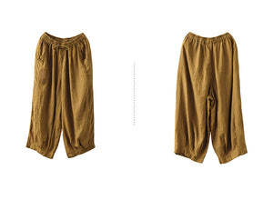 Quần baggy linen lưng thun dây rút thêu hoa hồng - NU7324