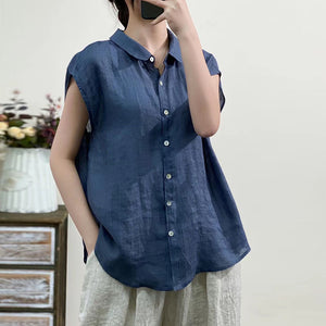 Áo sơ mi linen ngắn tay cổ đức một màu - NU7091