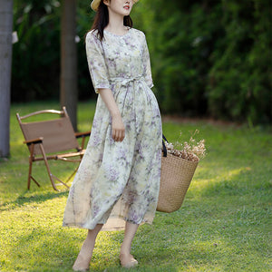 Đầm liền linen ngắn tay cổ tròn khuy cài in hoa lá - NU8266