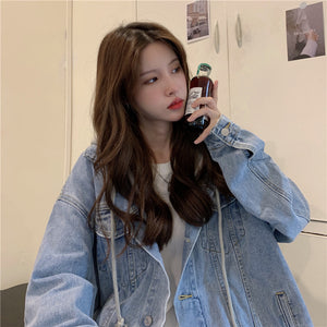 Áo khoác denim retro dài tay có mũ - NU7881