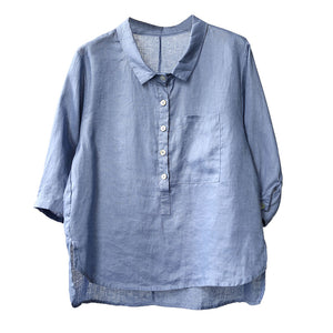 Áo sơ mi linen ngắn tay cổ đức khuy cài sát túi - NU5604