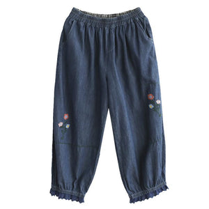 Quần baggy denim thêu hoa gấu thun đính ren - NU7626