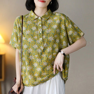 Áo sơ mi linen ngắn tay cổ đức in hoa lá bốn khuy - NU7537