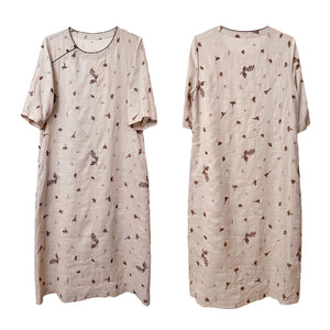 Đầm liền linen ngắn tay cổ tròn thêu hoa lá đơn sắc - NU8440