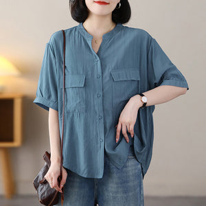 Áo sơ mi linen ngắn tay cổ V hai túi vuông - NU8560