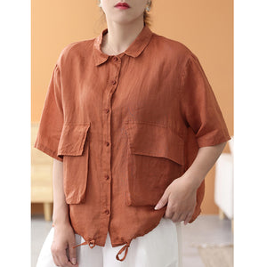 Áo sơ mi linen ngắn tay cổ đức hai túi vương có dây rút - NU7491