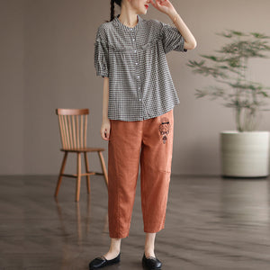 Quần baggy linen lưng thun thêu cô bé tóc xù - NU6830