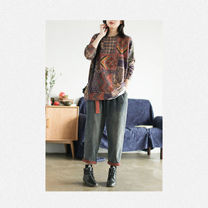 Áo len cashmere dài tay cổ tròn hoa văn thổ cẩm - NU8132