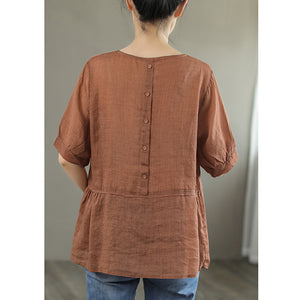 Áo sơ mi linen ngắn tay cổ tròn thêu bông tuyết khuy cài sau - NU7473