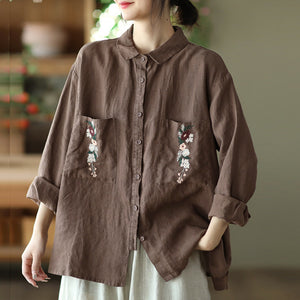 Áo sơ mi linen dài tay cổ đức hai túi vuông thêu hoa - NU8397