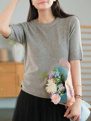 Áo T-shirt len dệp kim ngắn tay cổ tròn một màu - NU7622