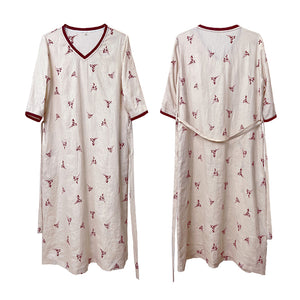 Đầm liền linen ngắn tay cổ V thêu nhành hoa đỏ - NU8433