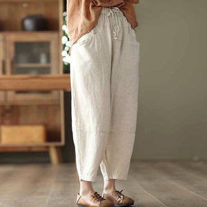 Quần baggy linen lưng thun dây rút ống rộng hai túi chéo - NU6865