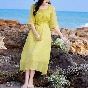 Đầm liền linen ngắn tay cổ tròn thêu bông lúa mạch - OD0738