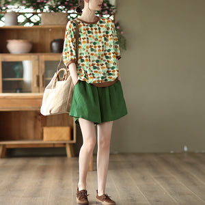 Áo T-shirt linen ngắn tay cổ tròn in hoa lá bo viền - A763