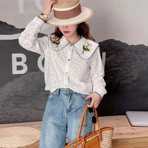 Áo sơ mi linen Morigirl dài tay cổ áo thêu đối xứng - NU8322