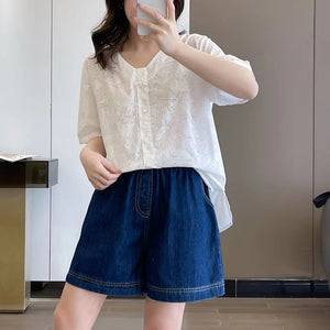 Áo sơ mi ngắn tay cổ V in hoa lá chìm - NU8362