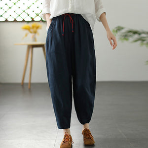 Quần baggy linen lưng thun dây rút phối màu ống côn - NU8299