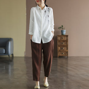 Áo sơ mi linen dài tay cổ đức một màu thêu trừu tượng - NU8150