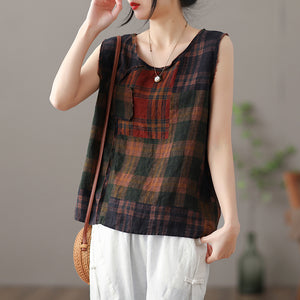 Áo sơ mi linen sát nách cổ tròn một túi in hoa văn - NU6721