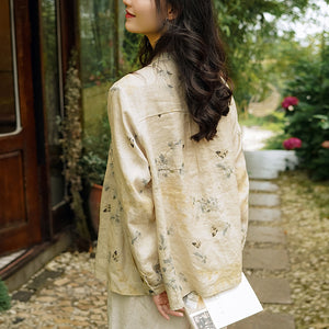 Áo sơ mi linen dài tay cổ đứng in màu nước một túi vuông - NU6740