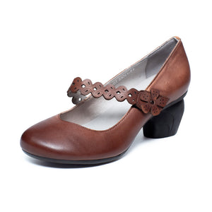 Giày da retro đế cao có quai đính hoa - OD0278