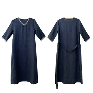 Đầm liền linen tay lửng cổ V bo viền một màu - NU8268