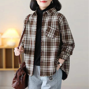 Áo sơ mi retro dài tay cổ đức kẻ sọc caro chần bông - NU8151