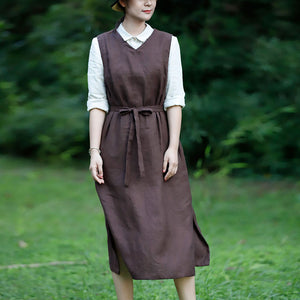 Đầm liền linen sát nách cổ V một màu - OD0623