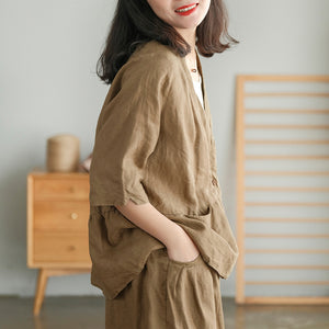Áo sơ mi linen ngắn tay cổ V form rộng - NU5582