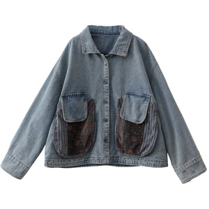 Áo khoác denim dài tay cổ đức hai túi tròn phối hoa lá - NU7893