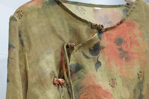 Áo sơ mi linen tay lửng cổ tròn vạt xéo khuy tròn in hoa văn - NU7269