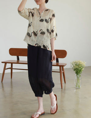 Áo sơ mi linen ngắn tay cổ V một khuy - NU7465
