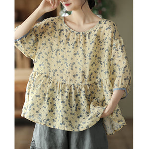 Áo T-shirt linen ngắn tay cổ tròn thắt nơ sau in hoa lá - NU7406