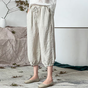 Quần baggy linen lưng thun dây rút thêu ren hai bên - NU7479