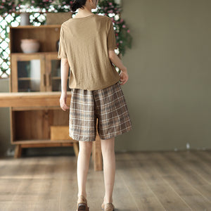 Quần sooc linen sọc caro lưng thun dây rút  - NU7069