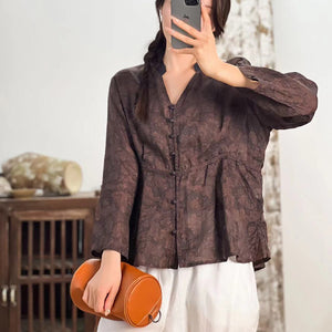 Áo sơ mi linen dài tay cổ V khuy tròn - NU8218