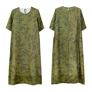 Đầm liền linen in hoa lá ngắn tay cổ tròn eo thắt dây - NU8579