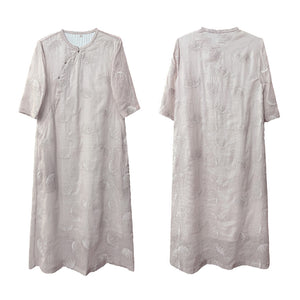Đầm liền linen ngắn tay cổ tàu thêu hoa đơn sắc - NU8438