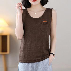 Áo T-shirt sát nách dệt kim cổ tròn một túi nhỏ - NU8662