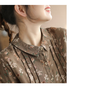 Áo sơ mi linen dài tay cổ đức xếp ly in hoa lá - NU8106
